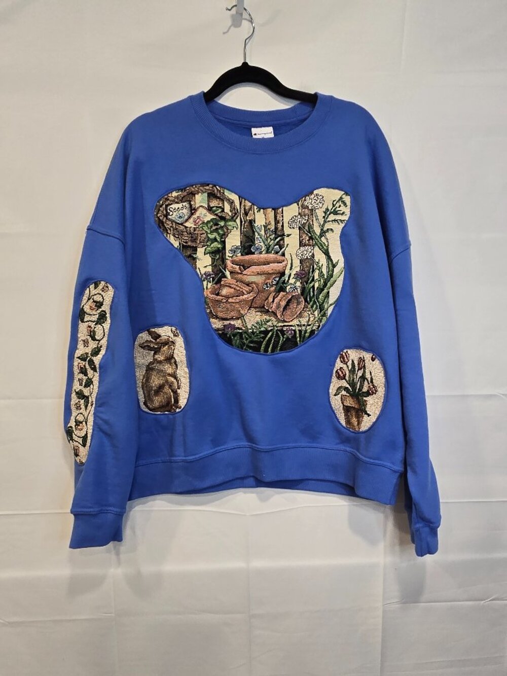 Upcycle Sweater Blue Size XL Spring Heaven Flowers Bunny